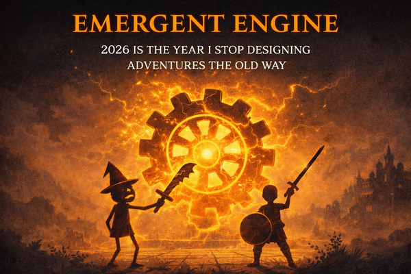 2 adventuring characters stand before a glowing gear introducing the Emergent Engine adventure design